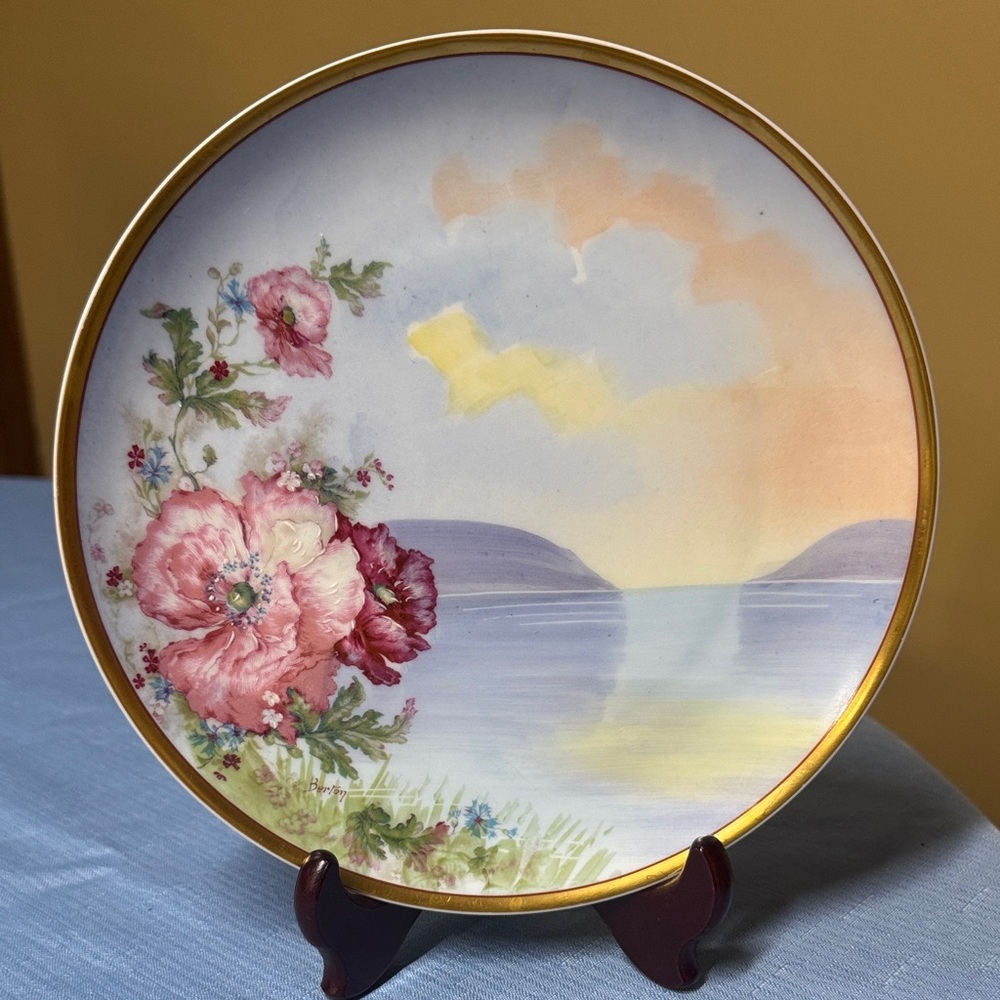 Haviland Limoges Porcelain Plate Hand Painted Flowers Lake Scene Berton 8.75”